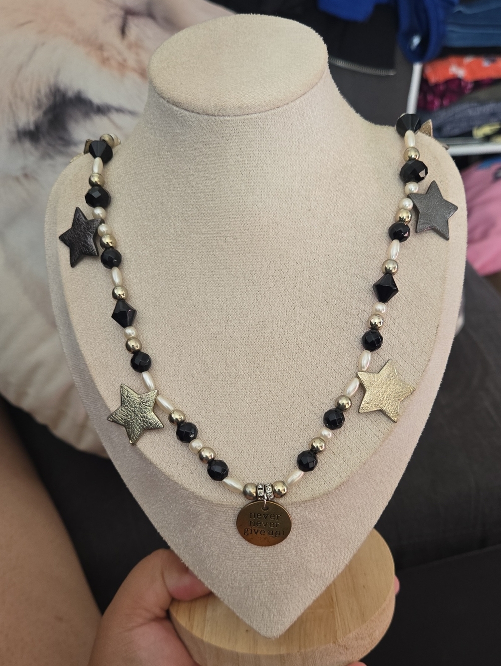 Gold and Black Star Bead Necklace with Motivational Pendant